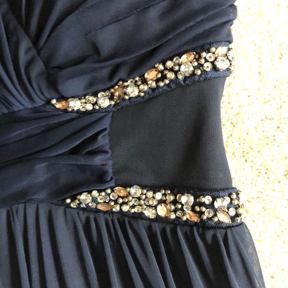 Navy One-Shoulder Beaded Formal Full-Length Dress - Picture 4 of 7